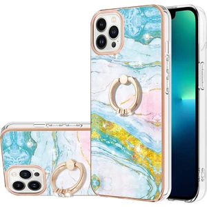 iPhone 13 Pro Max Için Mermer Desen Yumuşak Tpu Tampon Halka Tutucu Stand Kılıf Kapağı Turkuaz - Beyaz (Yurt Dışından)