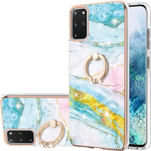 Samsung Galaxy S20+ Plus Için Mermer Desen Yumuşak Tpu Tampon Halka Tutucu Stand Kılıf Kapağı Turkuaz - Beyaz (Yurt Dışından)