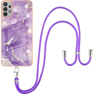 Samsung Galaxy A32 5g Için Crossbody Askı Ipi Telefon Kılıfı Silikon Mermer Desen Yumuşak Tpu Tampon Kapağı Mor (Yurt Dışından)