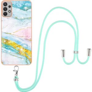 Samsung Galaxy A32 5g Için Crossbody Askı Ipi Telefon Kılıfı Silikon Mermer Desen Yumuşak Tpu Tampon Kapağı Turkuaz - Beyaz (Yurt Dışından)