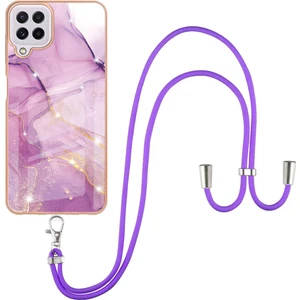 Samsung Galaxy A22 4g Için Crossbody Askı Ipi Telefon Kılıfı Silikon Mermer Desen Yumuşak Tpu Tampon Kapağı Pembe (Yurt Dışından)