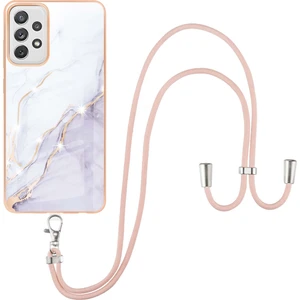 Samsung Galaxy A72 Için Crossbody Askı Ipi Telefon Kılıfı Silikon Mermer Desen Yumuşak Tpu Tampon Kapağı Beyaz (Yurt Dışından)
