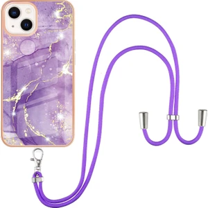 iPhone 13 Için Crossbody Askı Ipi Telefon Kılıfı Silikon Mermer Desen Yumuşak Tpu Tampon Kapağı Mor (Yurt Dışından)