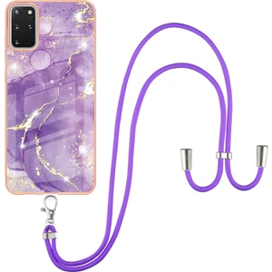 Samsung Galaxy S20+ Plus Için Crossbody Askı Ipi Telefon Kılıfı Silikon Mermer Desen Yumuşak Tpu Tampon Kapağı Mor (Yurt Dışından)