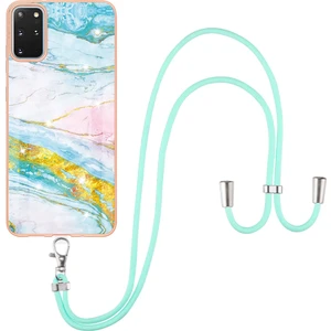Samsung Galaxy S20+ Plus Için Crossbody Askı Ipi Telefon Kılıfı Silikon Mermer Desen Yumuşak Tpu Tampon Kapağı Turkuaz - Beyaz (Yurt Dışından)