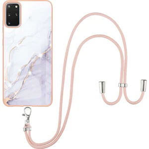 Samsung Galaxy S20+ Plus Için Crossbody Askı Ipi Telefon Kılıfı Silikon Mermer Desen Yumuşak Tpu Tampon Kapağı Beyaz (Yurt Dışından)