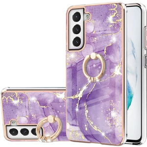 Samsung Galaxy S21 Fe 5g Için Mermer Desen Yumuşak Tpu Tampon Halka Tutucu Stand Kılıf Kapağı Mor (Yurt Dışından)
