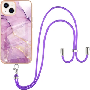 iPhone 13 Için Crossbody Askı Ipi Telefon Kılıfı Silikon Mermer Desen Yumuşak Tpu Tampon Kapağı Pembe (Yurt Dışından)