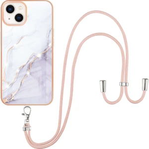iPhone 13 Için Crossbody Askı Ipi Telefon Kılıfı Silikon Mermer Desen Yumuşak Tpu Tampon Kapağı Beyaz (Yurt Dışından)