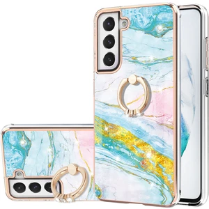 Samsung Galaxy S21 Fe 5g Için Mermer Desen Yumuşak Tpu Tampon Halka Tutucu Stand Kılıf Kapağı Turkuaz - Beyaz (Yurt Dışından)