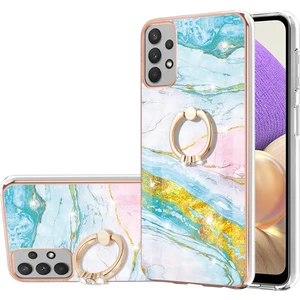 Samsung Galaxy A32 5g Için Mermer Desen Yumuşak Tpu Tampon Halka Tutucu Stand Kılıf Kapağı Turkuaz - Beyaz (Yurt Dışından)