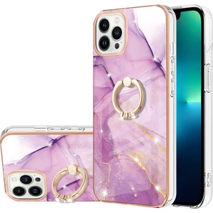 iPhone 13 Pro Max Için Mermer Desen Yumuşak Tpu Tampon Halka Tutucu Stand Kılıf Kapağı Pembe (Yurt Dışından)