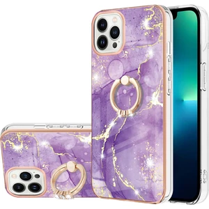 iPhone 13 Pro Max Için Mermer Desen Yumuşak Tpu Tampon Halka Tutucu Stand Kılıf Kapağı Mor (Yurt Dışından)