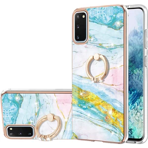 Samsung Galaxy S20 Için Mermer Desen Yumuşak Tpu Tampon Halka Tutucu Stand Kılıf Kapağı Turkuaz - Beyaz (Yurt Dışından)