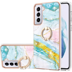 Samsung Galaxy S21 5g Için Mermer Desen Yumuşak Tpu Tampon Halka Tutucu Stand Kılıf Kapağı Turkuaz - Beyaz (Yurt Dışından)