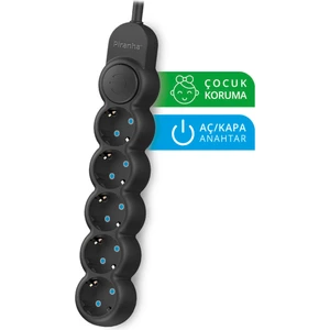 3394B Isıya Dayanıklı Termal Akım Korumalı 2m 10A 2500W 5'li Uzatma Kablosu - Siyah