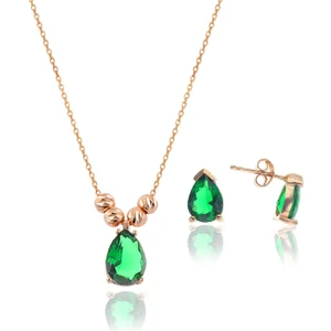 Söğütlü Silver Gümüş Rose Kök Zümrüt Taşlı Dorica Damla Kolye ve Çivi Modeli Küpe Seti