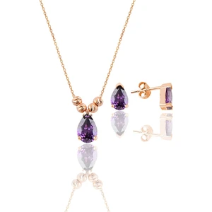 Söğütlü Silver Gümüş Rose Ametis Renkli Dorica Damla Kolye ve Çivi Modeli Küpe Seti