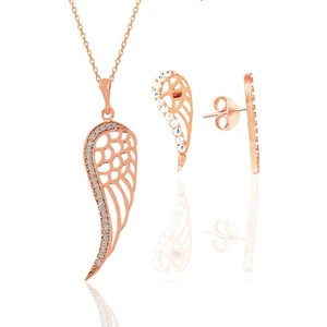 Söğütlü Silver Gümüş Rose Zirkon Taşlı Kanat Kolye ve Küpe Seti