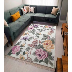 Yeşil Çicek Kaymaz Tabanlı Yıkanabilir Halı Kilim Yolluk Yeşi Pembe