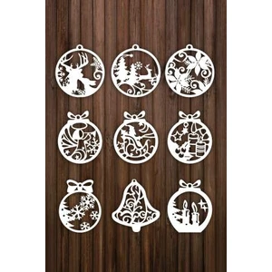 Unt Ahşap Beyaz Yılbaşı Ağacı Süsleri ( 9 Lu Set)-1 Beyaz