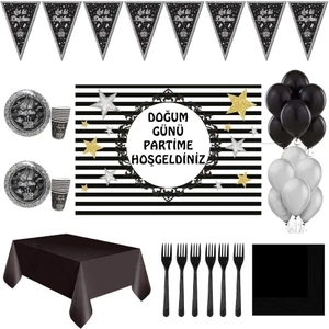 Parti Furyası Siyah Gümüş 24 Kişilik 50 x 70  cm  Afişli  Yetişkin Doğum Günü Parti Süsleri