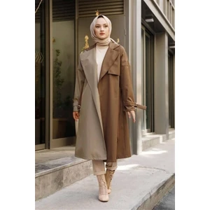 Moda Periy Su Geçirmez Garnili Çift Renkli Trençkot 10016 Taba