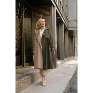 Moda Periy Su Geçirmez Garnili Çift Renkli Trençkot 10016 Haki