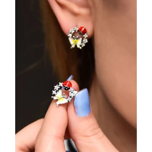 Papatya Silver 925 Ayar Gümüş Mineli Uğur Böceği Kelebek Çivili Küpe