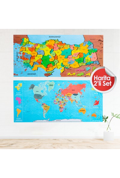 Statik Kağıt Renkli Türkiye + Dünya Haritası Set