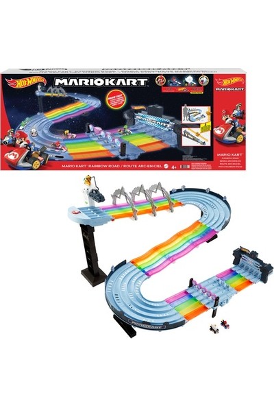 Hot Wheels Mario Kart Gökkuşağı Yolu Seti, Işıklı, Sesli, 2 Adet 1:64 Ölçekli Arabası ile 2,5 mt Uzunluğundaki Pist Seti GXX41