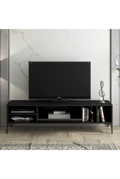 Wood'n Love Era Premium Altıgen Desen Metal Ayaklı Metal Kapaklı Dolaplı Tv Ünitesi - Wood Siyah / Siyah