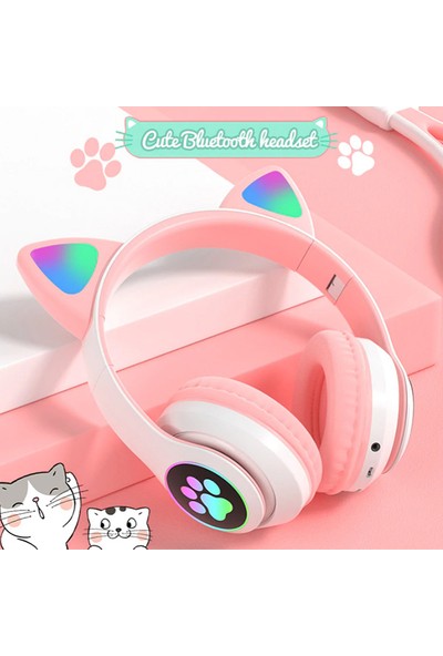 Revix CBK23 Kedi Kulak Cat LED Işıklı Kablosuz Bluetooth 5.0 Mikrofonlu Hafıza Kartı Girişli Kulaklık