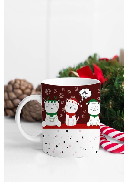 Yılbaşı Sevimli Kediler Tasarım Kupa Bardak