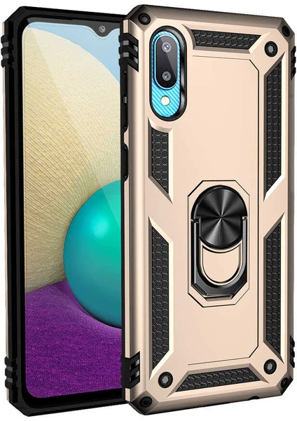 Case 4U Samsung Galaxy A02 Kılıf Çift Katmanlı Yüzüklü Manyetik Stand Olabilen Vega Kapak Altın