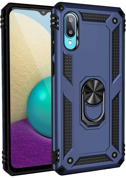 Case 4U Samsung Galaxy A02 Kılıf Çift Katmanlı Yüzüklü Manyetik Stand Olabilen Vega Kapak Lacivert