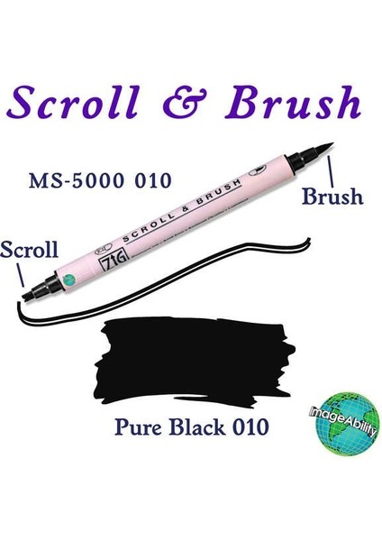 Scroll & Brush Çift Çizgi ve Fırça Uçlu Kaligrafi ve Gölgeleme Kalemi 010 Pure Siyah