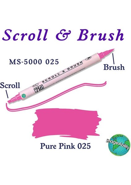 Scroll & Brush Çift Çizgi ve Fırça Uçlu Kaligrafi ve Gölgeleme Kalemi 025 Pure Pembe