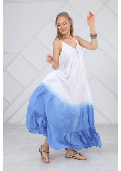 Sax Batik Askılı Uzun Elbise