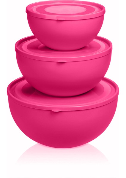 Kapaklı Yuvarlak Kase 3'lü Set Milenyum Pembe Renk 0,6 L + 2,5 L + 4 L