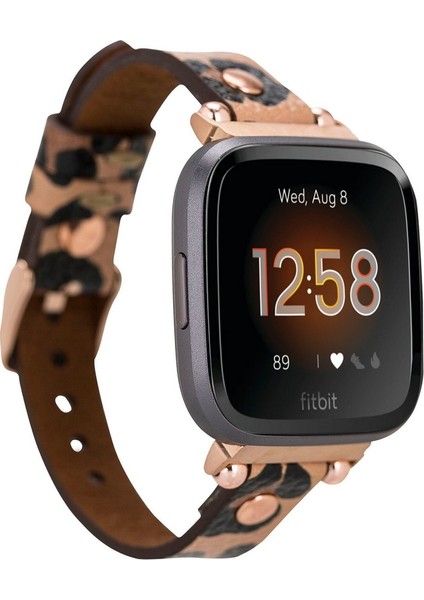 Bull Cover Bouletta Fitbit Versa 2-3 Seri Uyumlu Deri Kordon Rose Gold Troklu Leopar