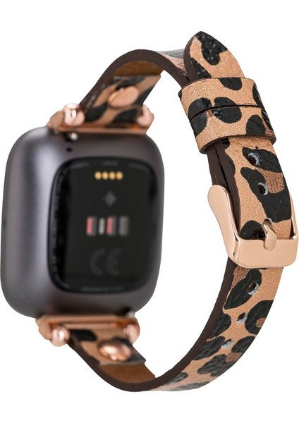 Bull Cover Bouletta Fitbit Versa 2-3 Seri Uyumlu Deri Kordon Rose Gold Troklu Leopar