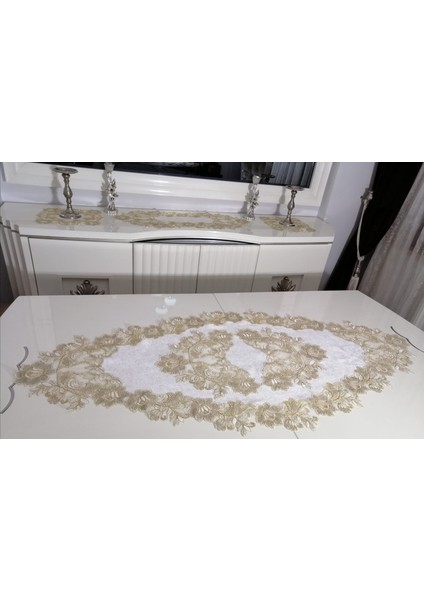 Fransız Dantel 5 Parça Salon Takımı,runnerli Masa Örtülü Rose Model