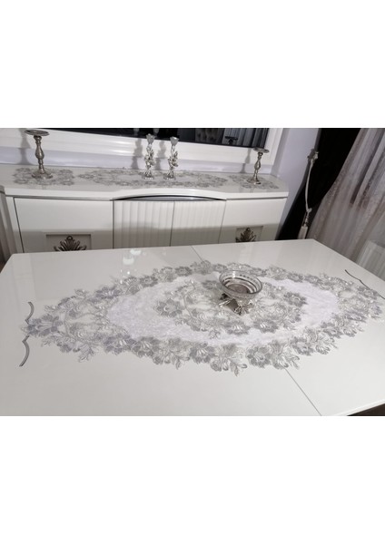 Fransız Dantel 5 Parça Salon Takımı,runnerli Masa Örtülü Rose Model