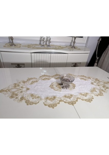 Fransız Dantel 5 Parça Salon Takımı, Runnerli Masa Örtülü Kadife Salon Takımı