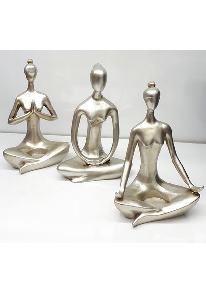 Dekoratif Üçlü Yoga Yapan Tealight Kadın Gri