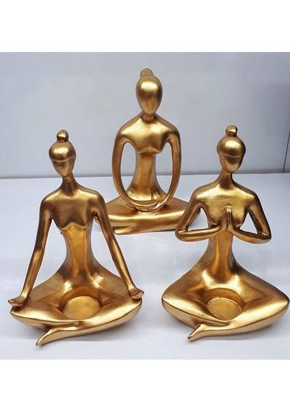 Dekoratif Üçlü Yoga Yapan Tealight Kadın Altın