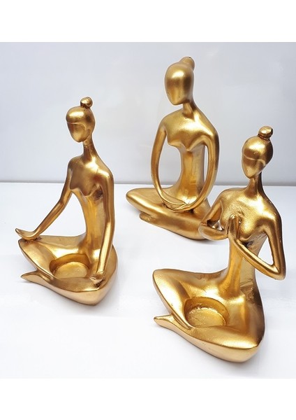 Dekoratif Üçlü Yoga Yapan Tealight Kadın Altın