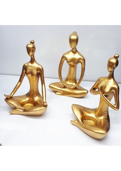 Dekoratif Üçlü Yoga Yapan Tealight Kadın Altın