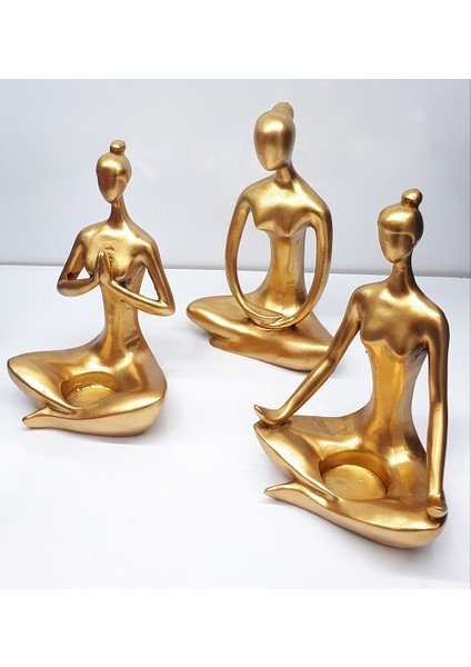 Dekoratif Üçlü Yoga Yapan Tealight Kadın Altın